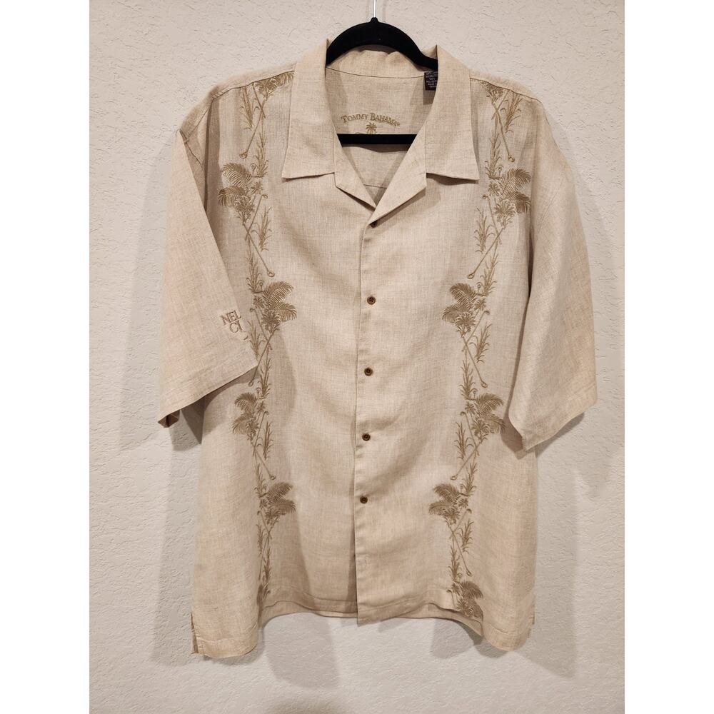 Tommy Bahama 100% Linen Embroidered Palm Tree Camp Shirt Men’s Size XL Tan Short